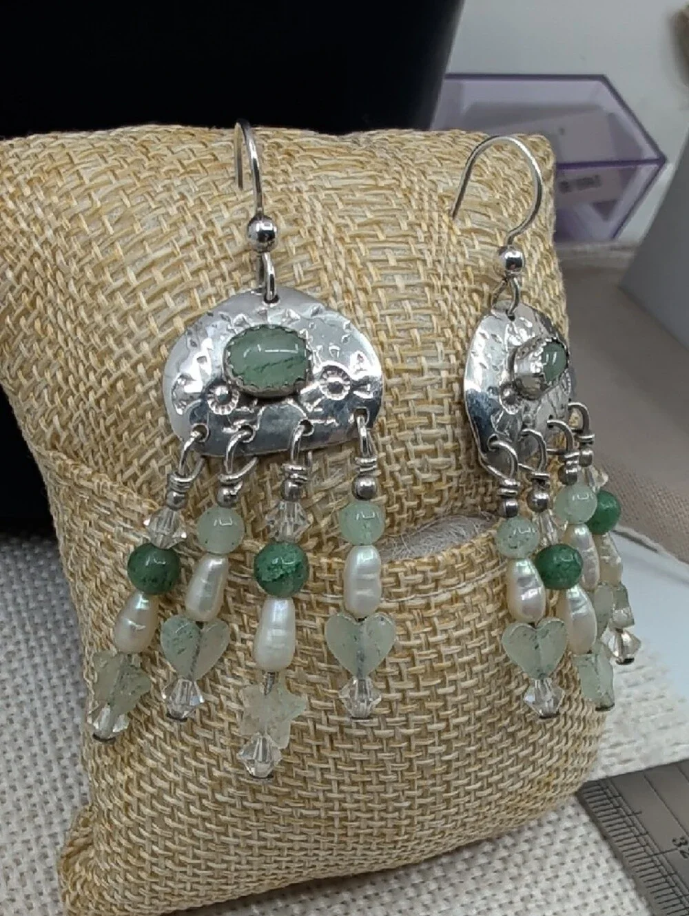 Vintage Hand-Hammered Artisan Silver Green Beaded Chandelier Drop Earrings